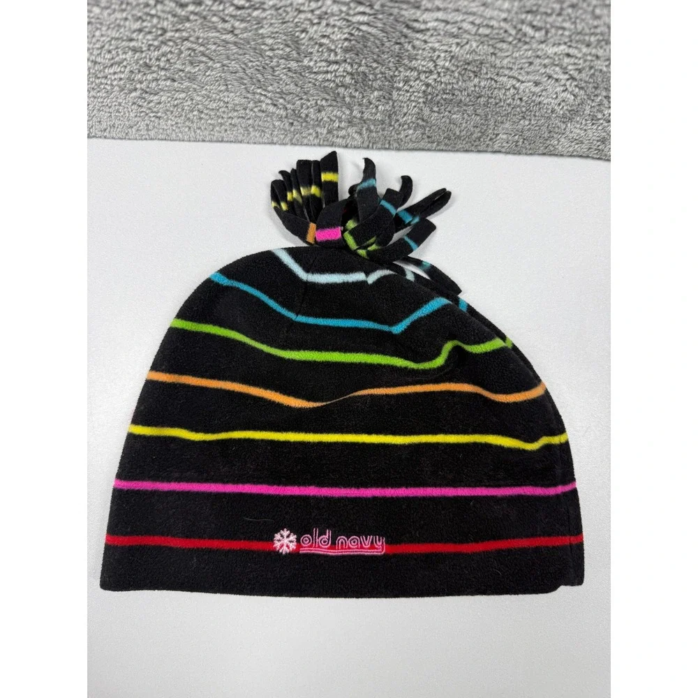 Old Navy Fleece Beanie Hat Black Rainbow Striped Fringed Snowflake Pom Pom